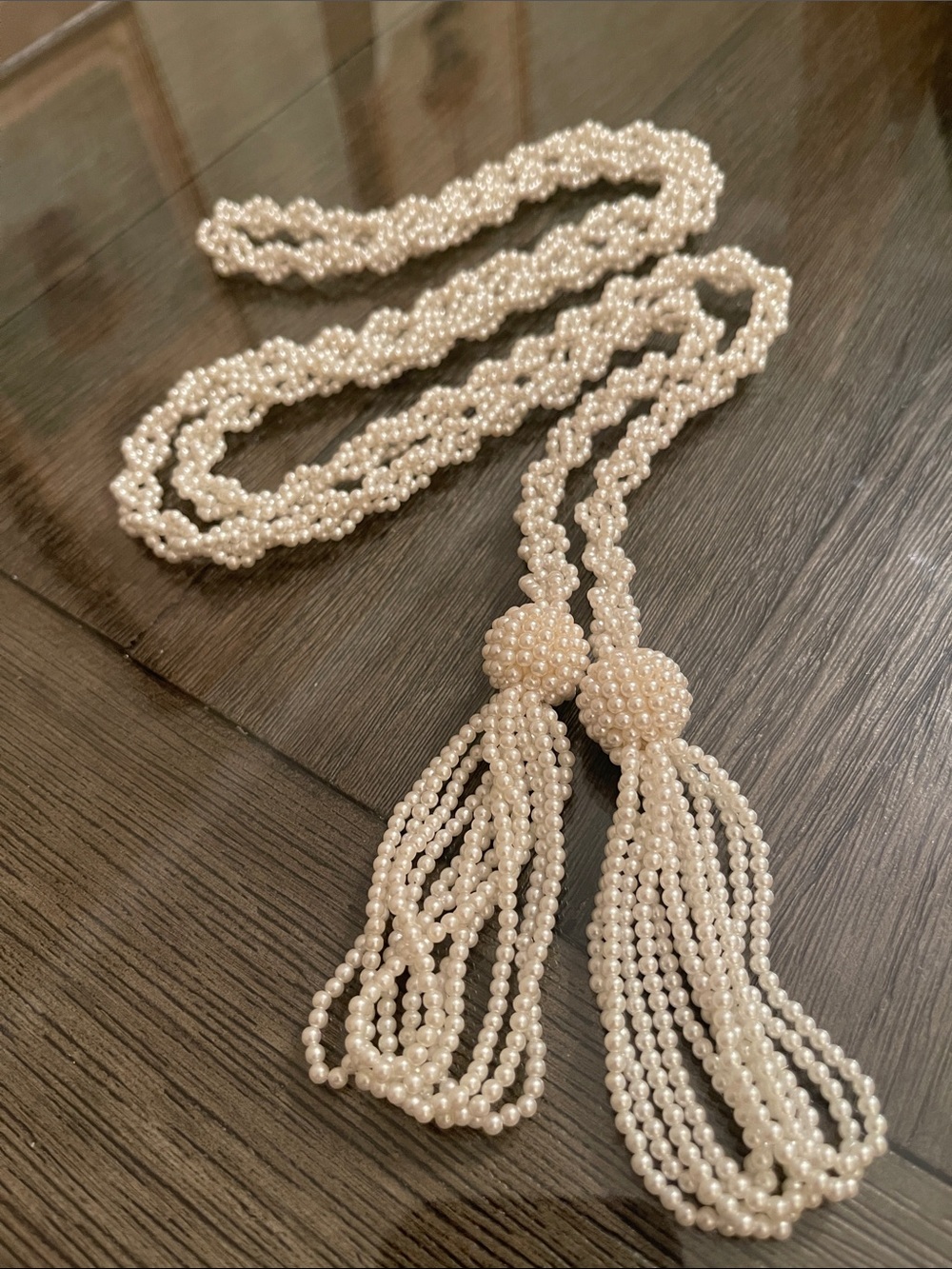 Vintage Woven White Faux Pearl Lariat Sautoir Style Necklace - Flapper Necklace